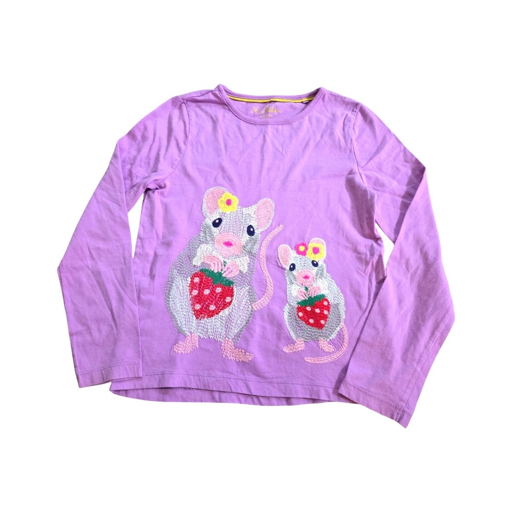 Mini Boden Purple Mouse Strawberry Embroidered Long Sleeve Shirt Girls 9-10